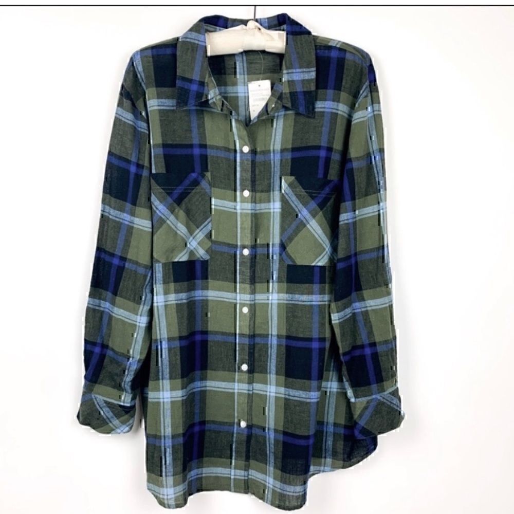 NWT Sanctuary Olive and Blue Plaid Boyfriend For Life Long Sleeve Shirt 2X